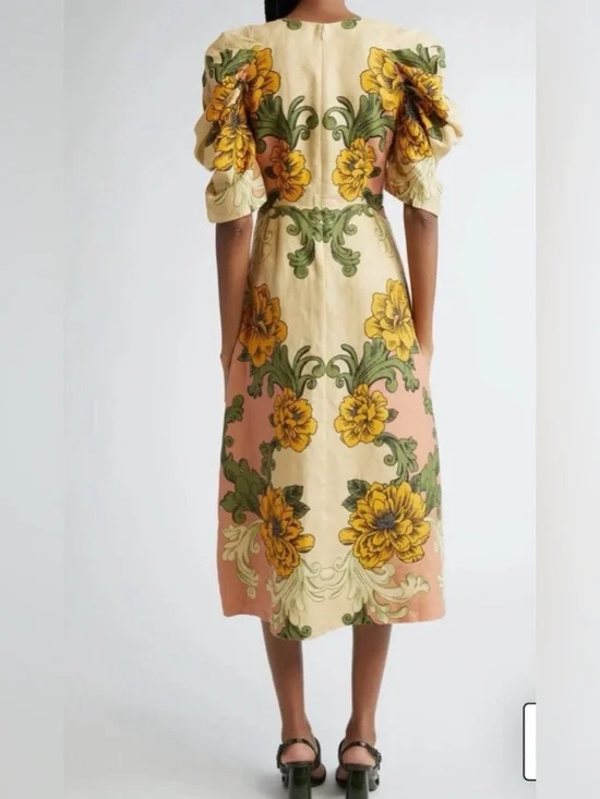 FARM Rio Delicate Flower Arabesques Linen Midi Dress- - Picture 2 of 9